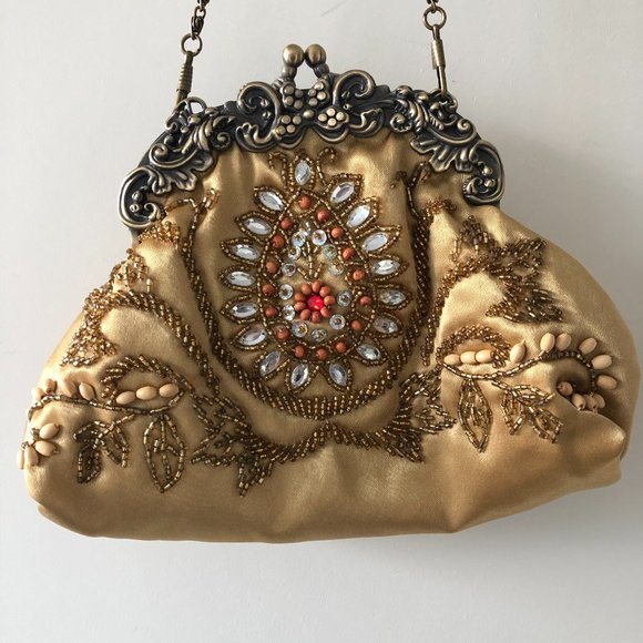 3/$30 ✨Gold Satin Beaded Clutch with Chain Strap - Picture 3 of 5